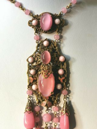 Vintage Art Deco Pink Satin Glass Pendant Drop Necklace