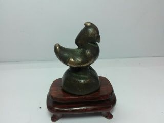 Interesting Vintage,  Old Miniature Asian Chinese Bronze Rooster On Wood Base