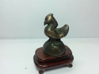Interesting vintage,  old miniature Asian Chinese bronze rooster on wood base 2