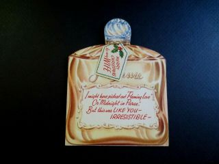 L377 Vtg Rust Craft Xmas Greeting Die Cut Card Perfume For Knockout Wife