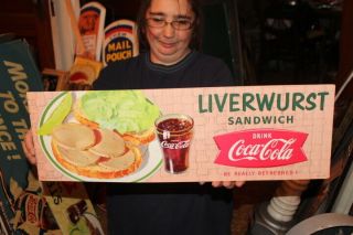 Vintage C.  1960 Coca Cola Liverwurst Sandwich Soda Fishtail Restaurant 22 " Sign