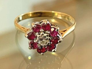 Vintage 18ct Gold Ruby & Diamond Flower Cluster Ring Uk Size M