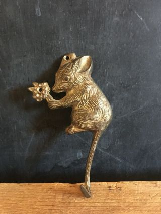 Vintage Brass Mouse With Flowers Wall Hanging Hook Coat Hanger Decor Mcm 4 3/4”