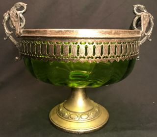 Antique/art Nouveau Wmf Circular Silver Plated Pedestal Green Glass Fruit Bowl