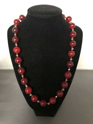 Bold Vintage Miriam Haskell Ruby Red Art Glass & Rhinestone Necklace