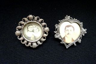 2 Vintage Sterling Silver Photo Pins Heart Shape French Antique Mourning French.