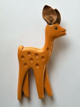 Vintage Martha Sleeper Carved Butterscotch Bakelite Deer Pin Leather Ears
