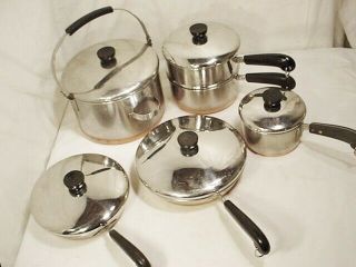 11 Pc Vtg Revere Ware Pot Pan Set Lid Copper Clad Stock Cookware Skillet Steamer