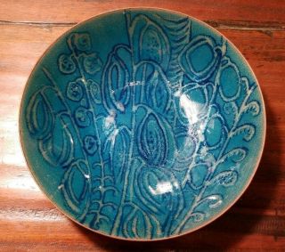 Vintage Mary Mintich Enamel On Copper Bowl Turquoise Modernist Leaf Design