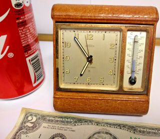 Vintage Angelus Swiss Alarm Desk Mantle Clock 8 Days 15 Rubi Leather Thermometer