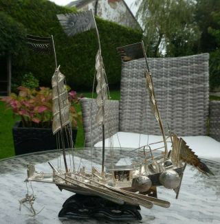 Antique Hong Kong Chinese Sterling Silver Chinese War Junk Boat On Wooden Stand