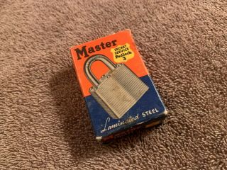 Vintage Master Lock Padlock Secret Service 3 W/2 Keys & Box Laminated Brass Nos