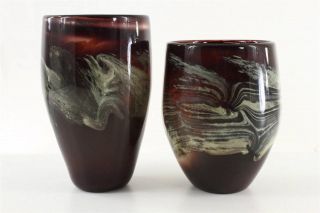 Vintage Hand Blown Art Glass Vases Plum Purple & Gold Swirl Pilchuk Art School