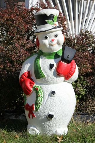 Vintage Poloron 46 " Blow Mold Lighted Snowman With Coal Shovel