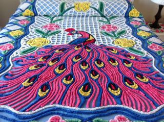 Vintage Chenille Bedspread Large Peacock Stunning 102 " X 92 "