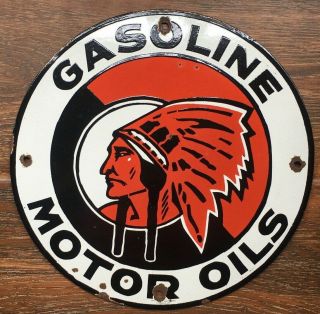 Vintage " Red Indian " Gasoline Motor Oils Porcelain Enamel Sign 11 3/4 "
