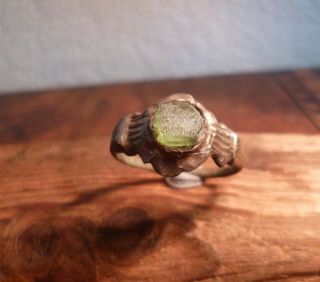 Decorated Medieval Ring With Green Glass - Metal Detecting Find