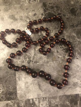 Vintage Cherry Amber Graduated Bakelite Bead Necklace Ottoman 34” - 62 Gram