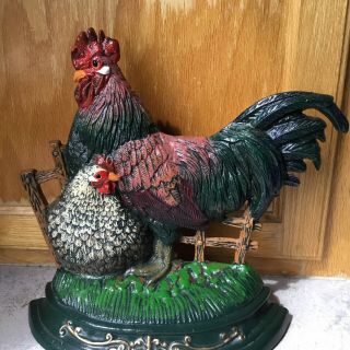 Vintage Cast Iron Rooster Chicken Door Stop Folk Art Country 12x12