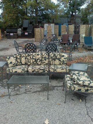Vtg Set Metal Aluminum Sofa & Chair Lawn Patio Furniture 3 Tables & Cushions,