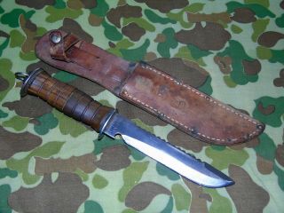 Wwii Era Fighting Knife E.  G.  Waterman Egw With Sheath Wood Handles