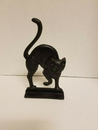 Vintage Black Cast Iron Cat Doorstop With Glass Green Eyes