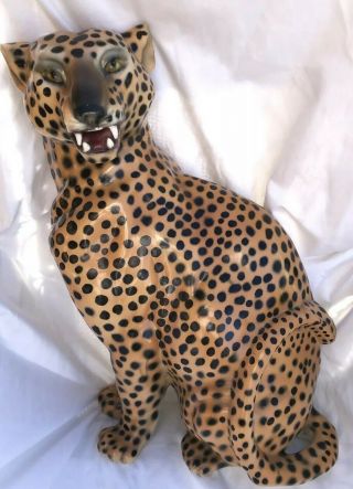 Vintage Cheetah / Leopard / Jaguar Statue Ceramic Large Mcm Hollywood Regency