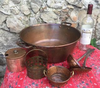 Vintage French Copper Jam Confiture Preserve Pan Ladle Skimmer Pot Jelly Set