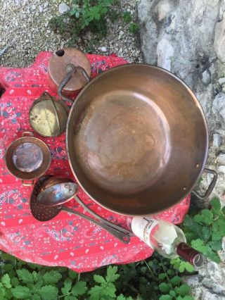 Vintage French Copper Jam Confiture Preserve Pan Ladle Skimmer Pot Jelly Set 3