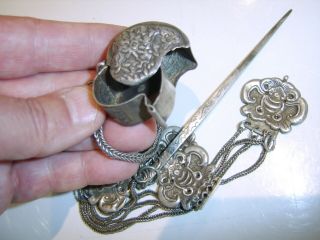 ANTIQUE CHINESE STERLING SILVER CHATELAINE WITH OPIUM BOX ETC 2