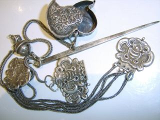ANTIQUE CHINESE STERLING SILVER CHATELAINE WITH OPIUM BOX ETC 3