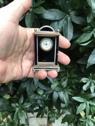 Antique French Black Enamel Solid Silver 935 Miniature Traveling Mantle Clock