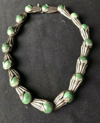 Jose Anton Taxco Mexico Vintage Sterling Necklace Green Onyx Mid - Century Ygf