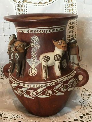 Vintage 50s Mexican Pottery Vase - Hand Crafted/painted - Mexican Folk Art