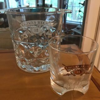 Chivas Regal 12 Year Old Liquor Crystal Ice Bucket Diamond Cut & 1 Whiskey Glass