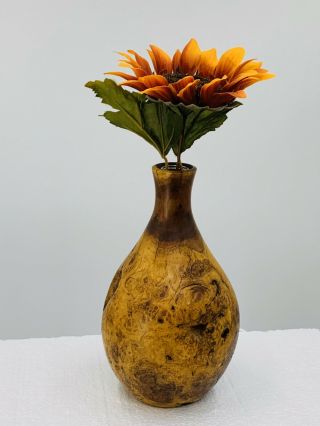 Mid Century Vintage Turned Burl Wood Bud Vase 8” With Glass Insert