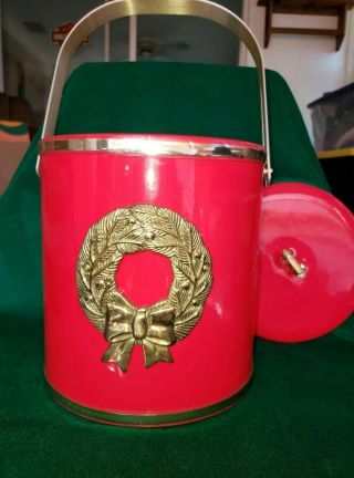 Vintage Signed George Briard Ice Bucket - Red Christmas Design Wreath