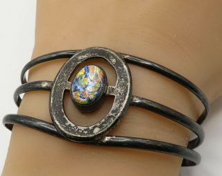 Mexico 925 Sterling Silver - Vintage Cameo Harlequin Opal Cuff Bracelet B2135