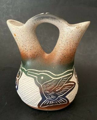 Signed Indian Wedding Vase Harrison Tom Navajo Etched Hummingbird Pottery