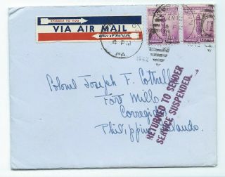Wwii 1942 Return To Sender Cover To Us Army Colonel Corregidor Philippines Pow
