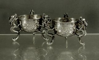 Chinese Export Silver Dragon Bowls (2) C1890 Signed