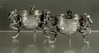 Chinese Export Silver Dragon Bowls (2) c1890 Signed 2