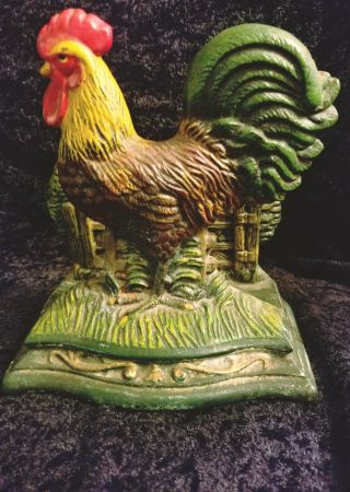 Vintage Cast Iron Rooster Chicken Door Stop Folk Art Farmhouse Country