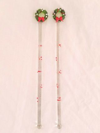 2 Glass Cocktail Swizzle Stick Drink Stirrer Set Christmas Green Wreath Holiday