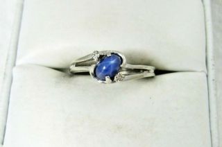 Vintage 10k White Gold Cabochon Blue Star Sapphire & Diamond Ring Sz 6.  5