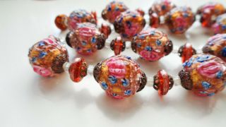 Fancy Crimped Antique Venetian Wedding Cake Glass Bead Necklace Foil Centers 20 "