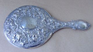 Art Nouveau Large Sterling Silver Cherubs Grape Vines Hand Mirror 1904