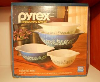 Vintage Set 4 Pyrex Colonial Mist Blue White Cinderella Mixing Nesting Bowls Usa