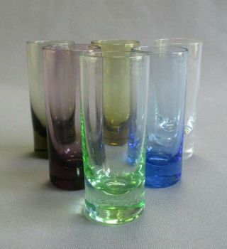 Set Of 6 Vintage Liqueur Shot Glasses Clear Green Amber Amethyst Yellow Blue