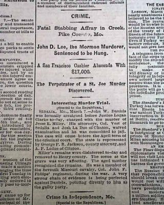 John D.  Lee Mountain Meadows Massacre Execution Mormons Mormonism 1877 Newspaper